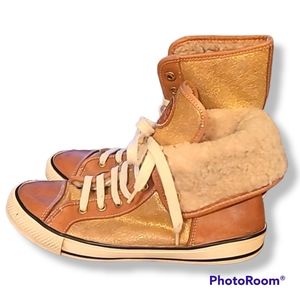 Tory Burch Benjamin Gold and Tan High Top Shearling Sneakers